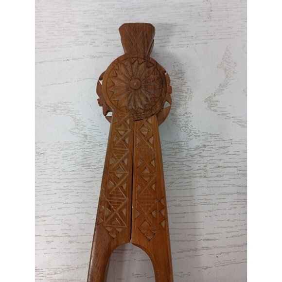 Vintage Antique Hand Carved Wood Etched Folk Art Ornate Hand Held Nutcracker 8" - Picture 2 of 9